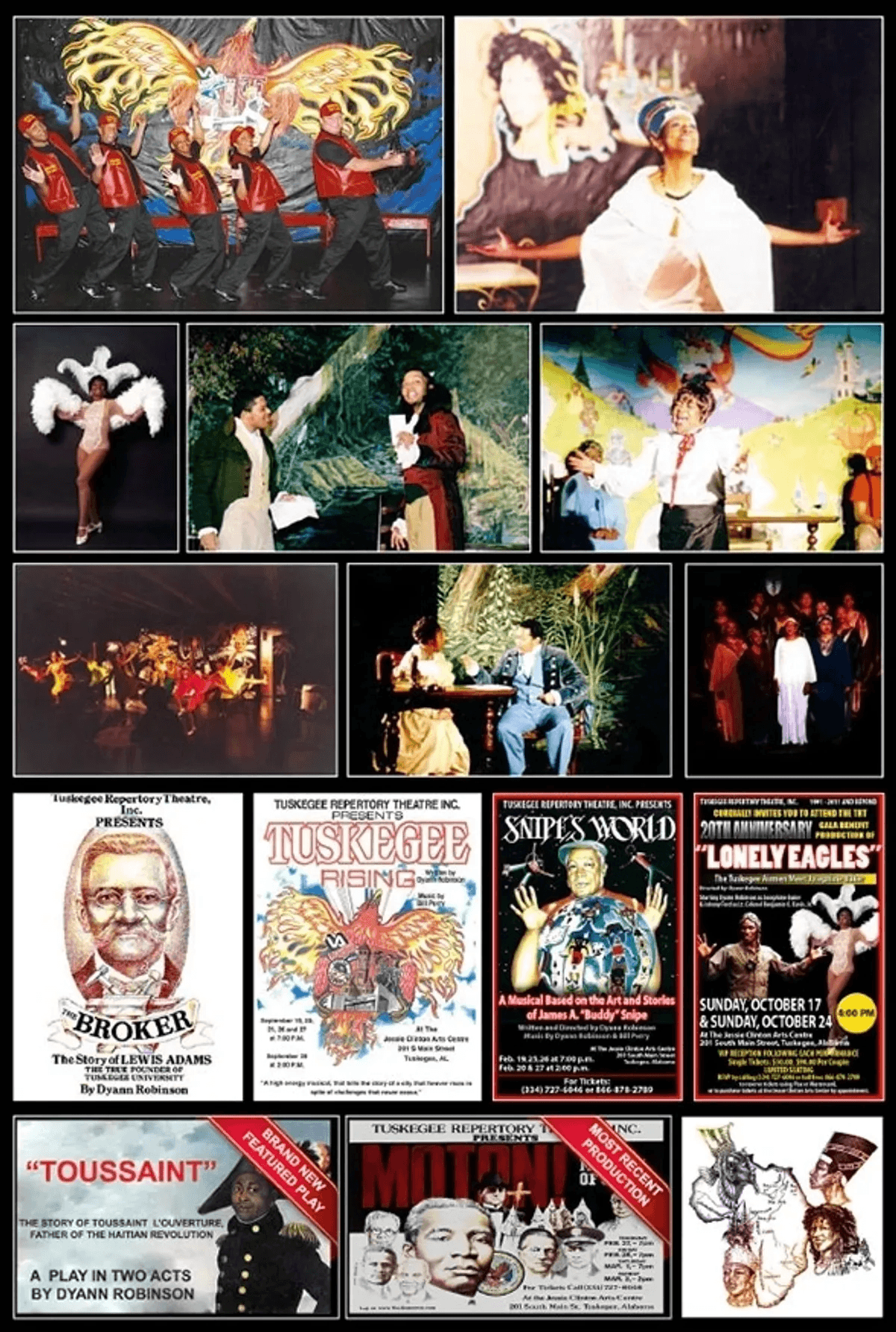 Collage of Tuskegee Repertory Theatre performances and production artwork